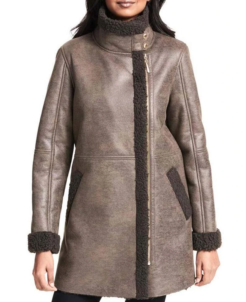 Women's Shearling Asymmetrical Brown Leather Coat - Image 2