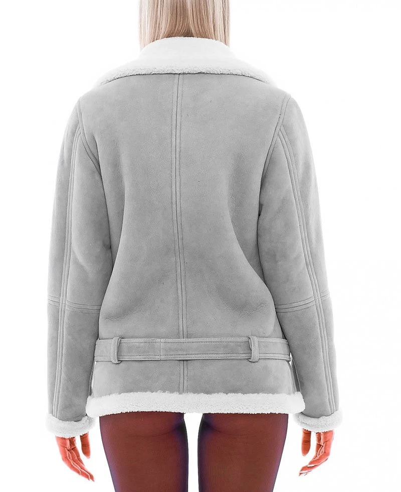 Women's WFJ301 Suede Asymmetrical Zipper Shearling Grey Jacket - Image 5
