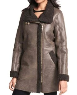 Women's Shearling Asymmetrical Brown Leather Coat