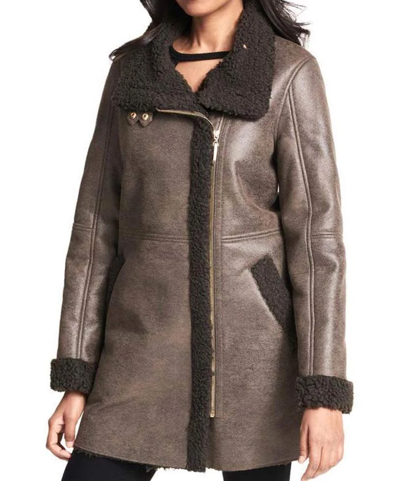 Women's Shearling Asymmetrical Brown Leather Coat