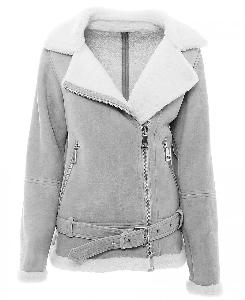 Women's WFJ301 Suede Asymmetrical Zipper Shearling Grey Jacket - Image 4