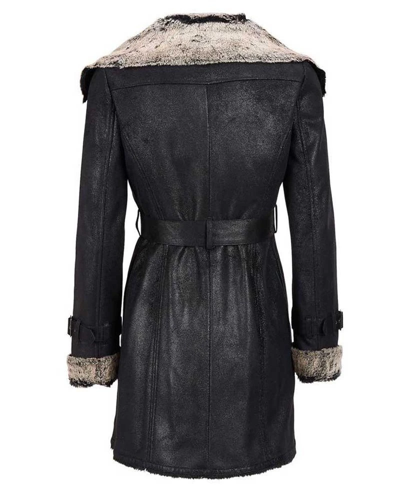 Women's Shearling Belted Black Leather Coat - Image 2