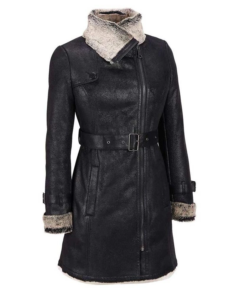 Women's Shearling Belted Black Leather Coat - Image 3
