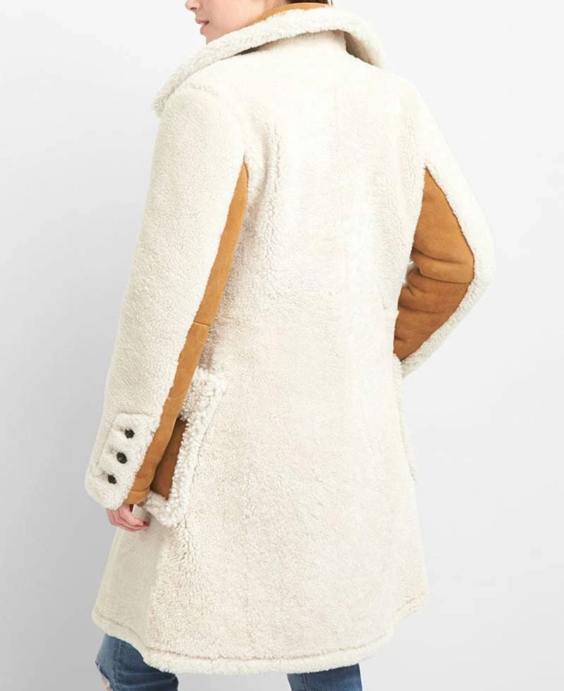 Women's Double Breasted Shearling White Coat - Image 3
