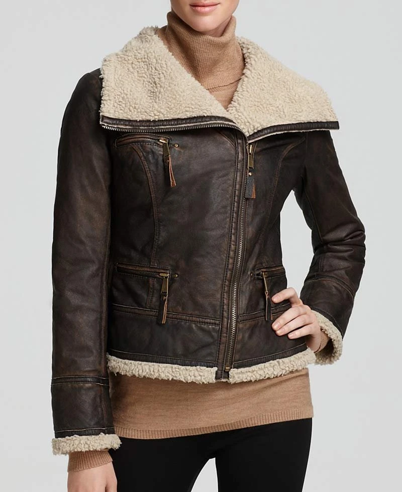 Women's Michael Asymmetrical Zipper Shearling Brown Leather Jacket