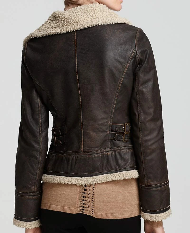 Women's Michael Asymmetrical Zipper Shearling Brown Leather Jacket - Image 2