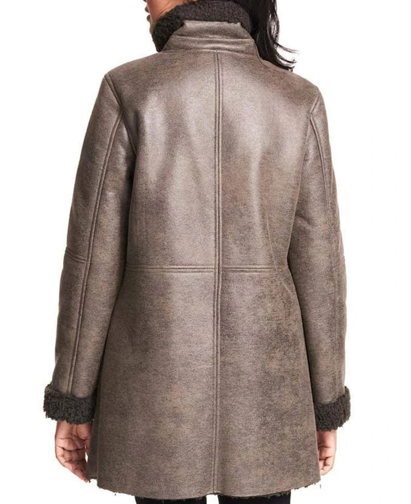 Women's Shearling Asymmetrical Brown Leather Coat - Image 5