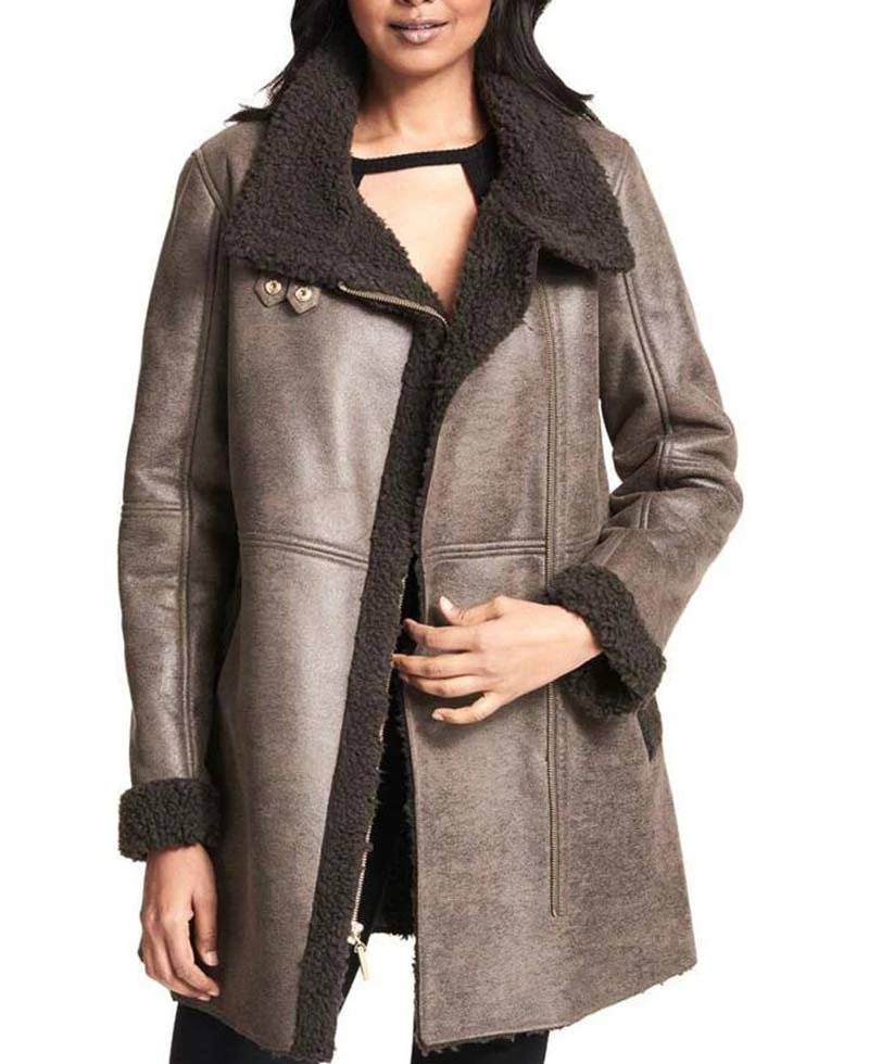 Women's Shearling Asymmetrical Brown Leather Coat - Image 3