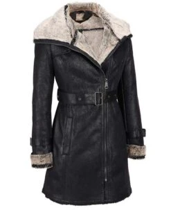 Women's Shearling Belted Black Leather Coat