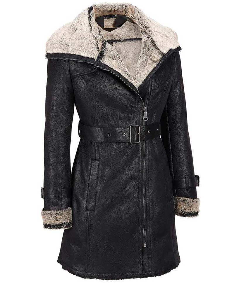 Women's Shearling Belted Black Leather Coat