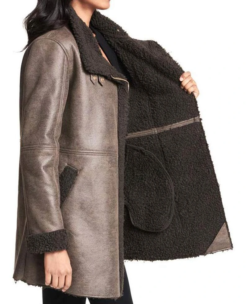 Women's Shearling Asymmetrical Brown Leather Coat - Image 4
