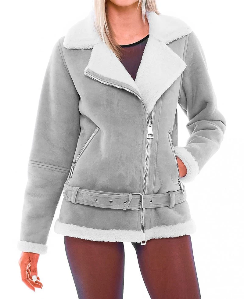 Women's WFJ301 Suede Asymmetrical Zipper Shearling Grey Jacket