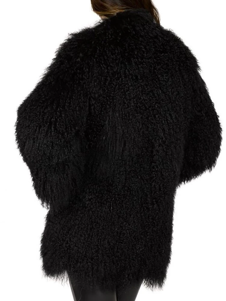 Women's Mongolian Fur Winter Black Coat - Image 4