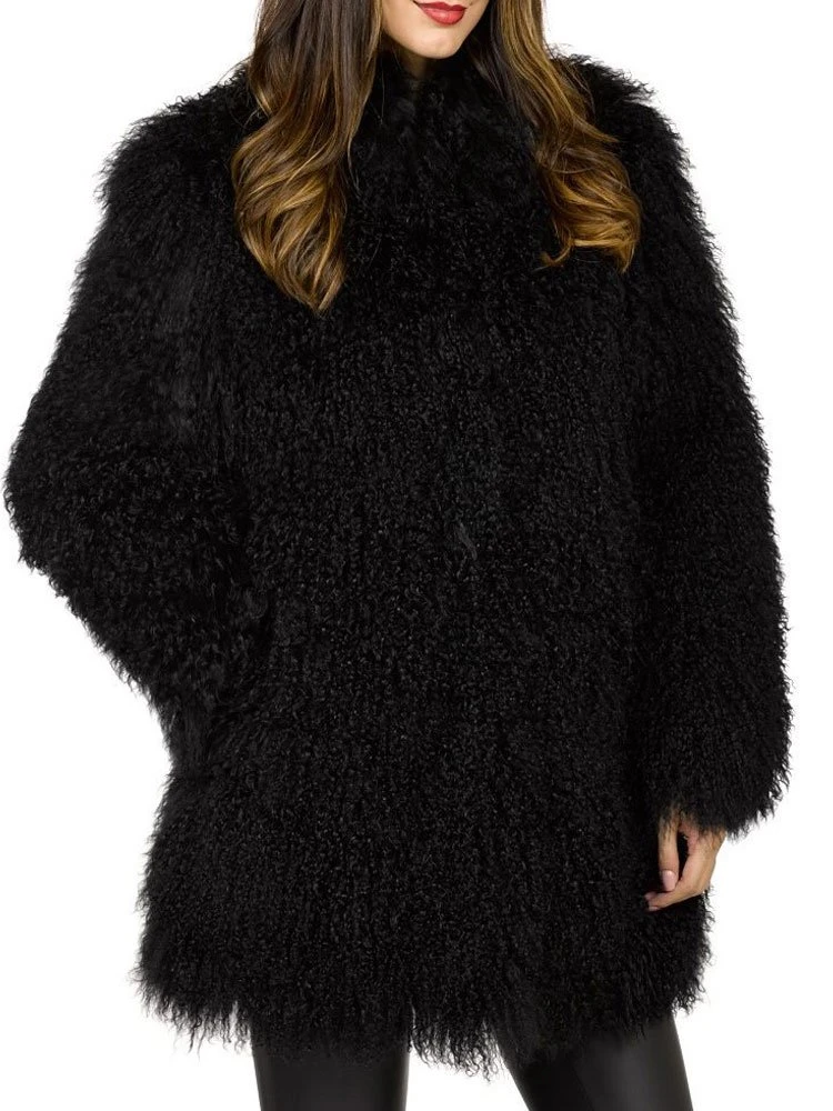 Women's Mongolian Fur Winter Black Coat - Image 3